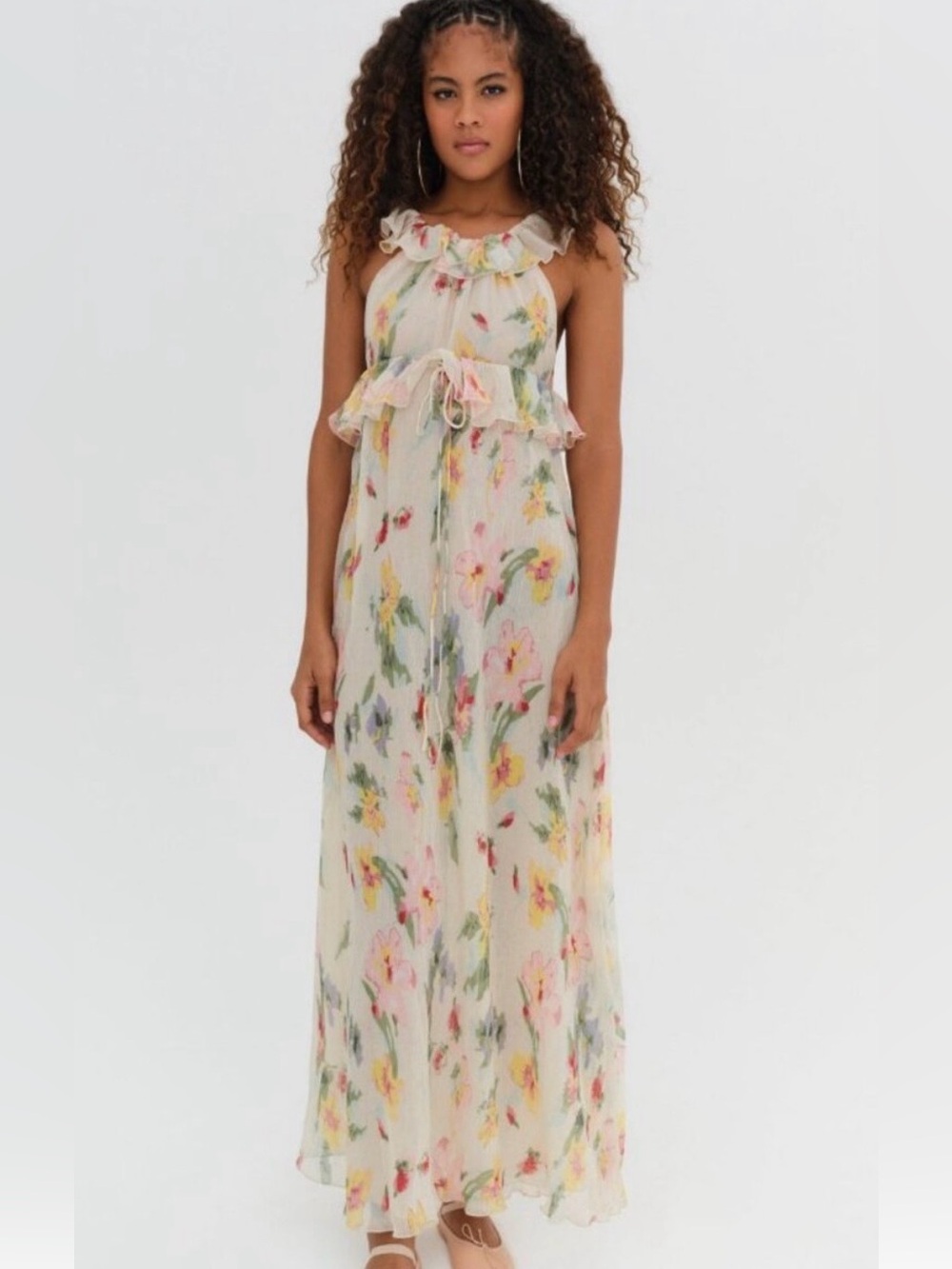 For Love & Lemons Cream Floral Ruffled Halter Maxi Dress